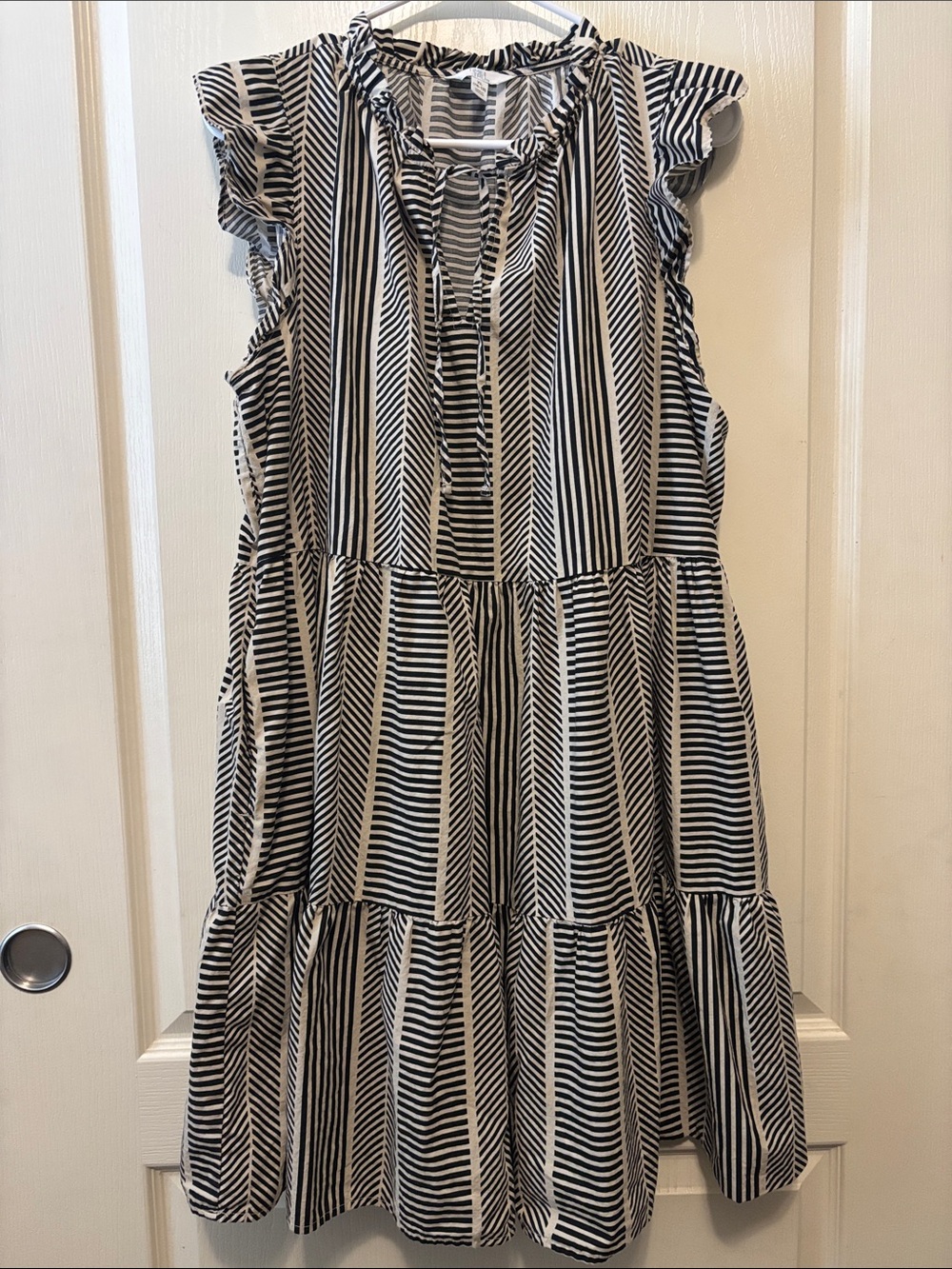 Time and Tru Black and White Striped Ruffle Tiered Knee Length Dress